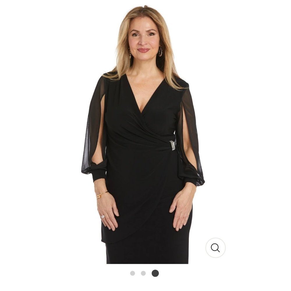 NWT- R & M Richards Black Cocktail Dress W/Sheer Balloon Sleeves & Slit Size 14P - Picture 3 of 4